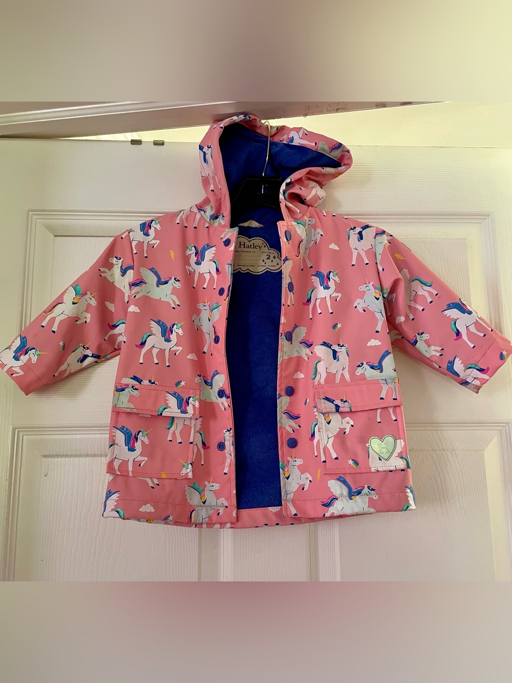 Hatley Pink Unicorn Hooded Raincoat with Blue Lining size 2